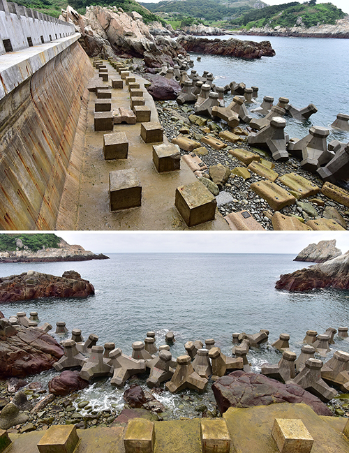 連江縣東引北海坑道投放50個混凝土消波塊 削弱海浪作用力