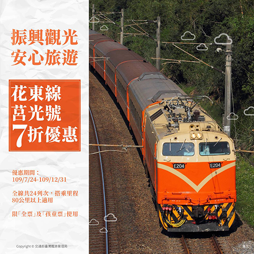 台鐵花東線莒光號搭乘80公里以可七折優惠。（台鐵局提供）
