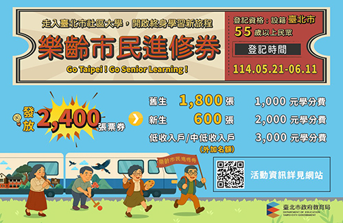 台北市114年「樂齡市民進修券」再升級！補助擴大、對象下修至55歲，最高補助3,000元，5月21日起開放登記